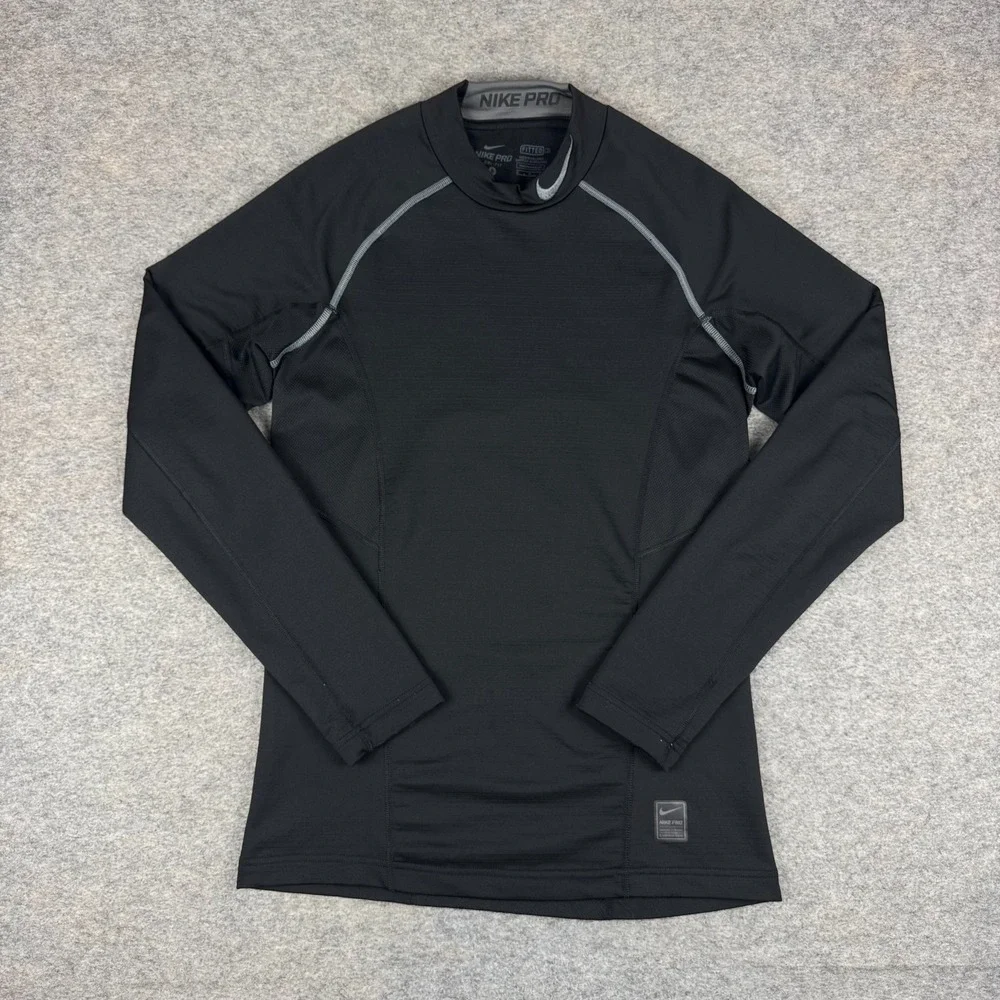Nike Pro Combat Dri Fit Mock Neck Shirt Fitted Long Sleeve Black Mens Small S